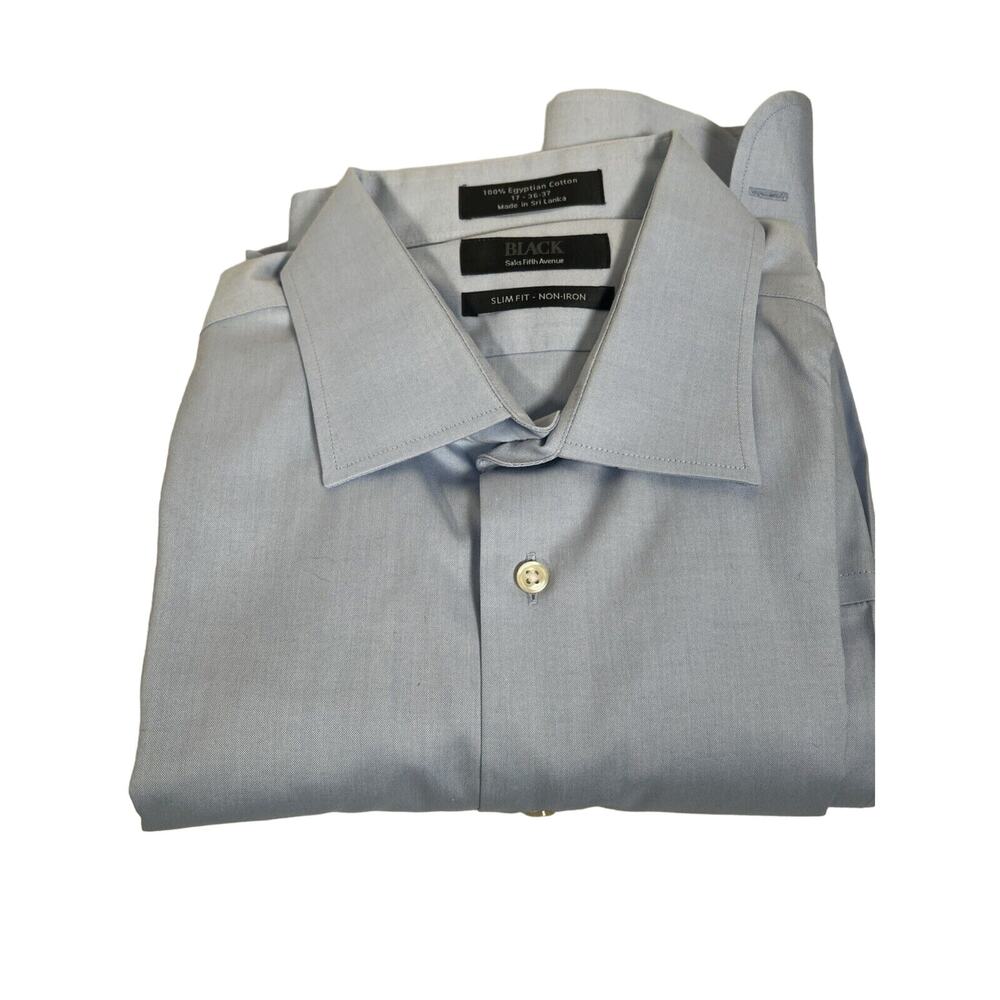 Black Saks 5th Avenue Blue Slim Fit Egyptian Cotton Dress Shirt 17 36/37